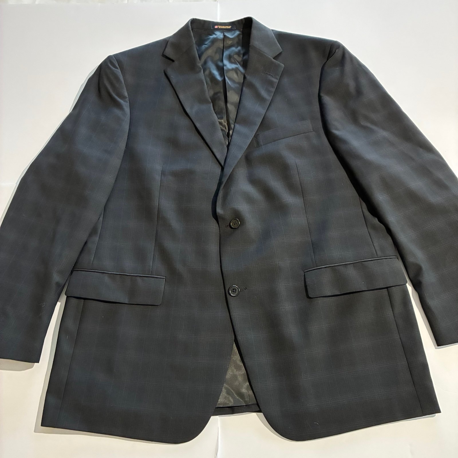 Hart Schaffner Marx Black Sport Coat 46R Black Gray Blue Subtle Plaid