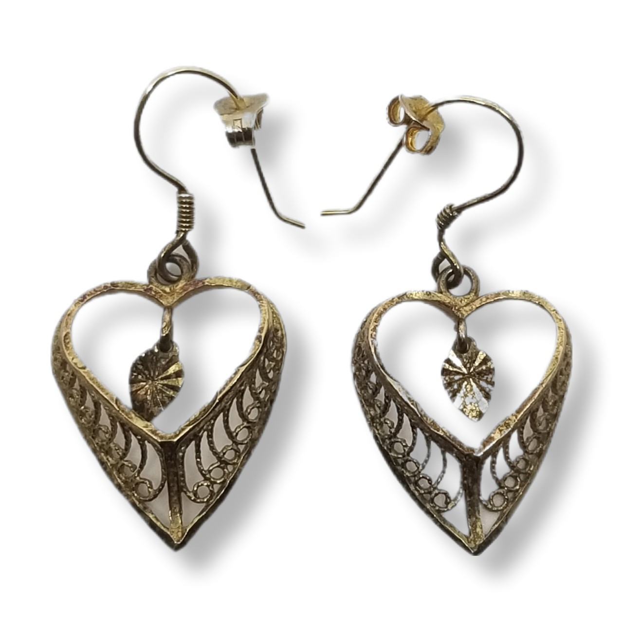 VINTAGE GOLD VERMEIL 925 TURKISH FILIGREE DESIGN HEART DROP HOOK EARRINGS