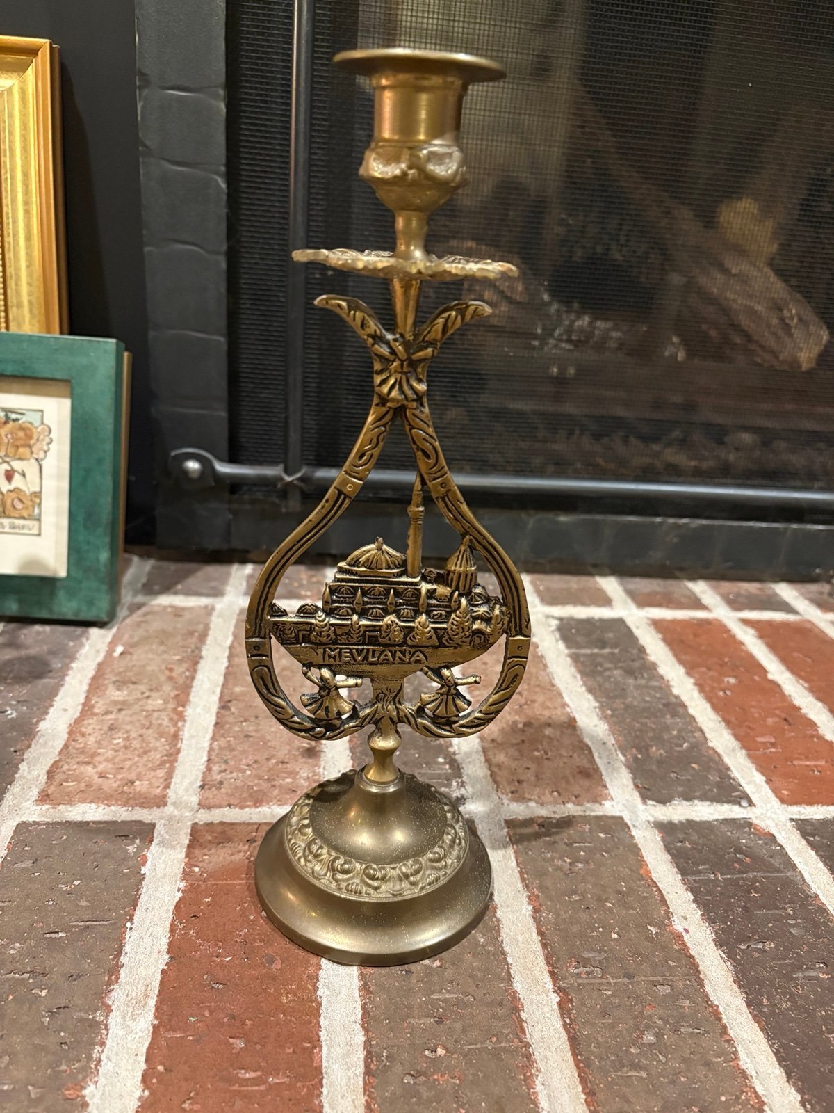 Stunning vintage gold brass mevlana Rumi candlestick holder 11.5x4”