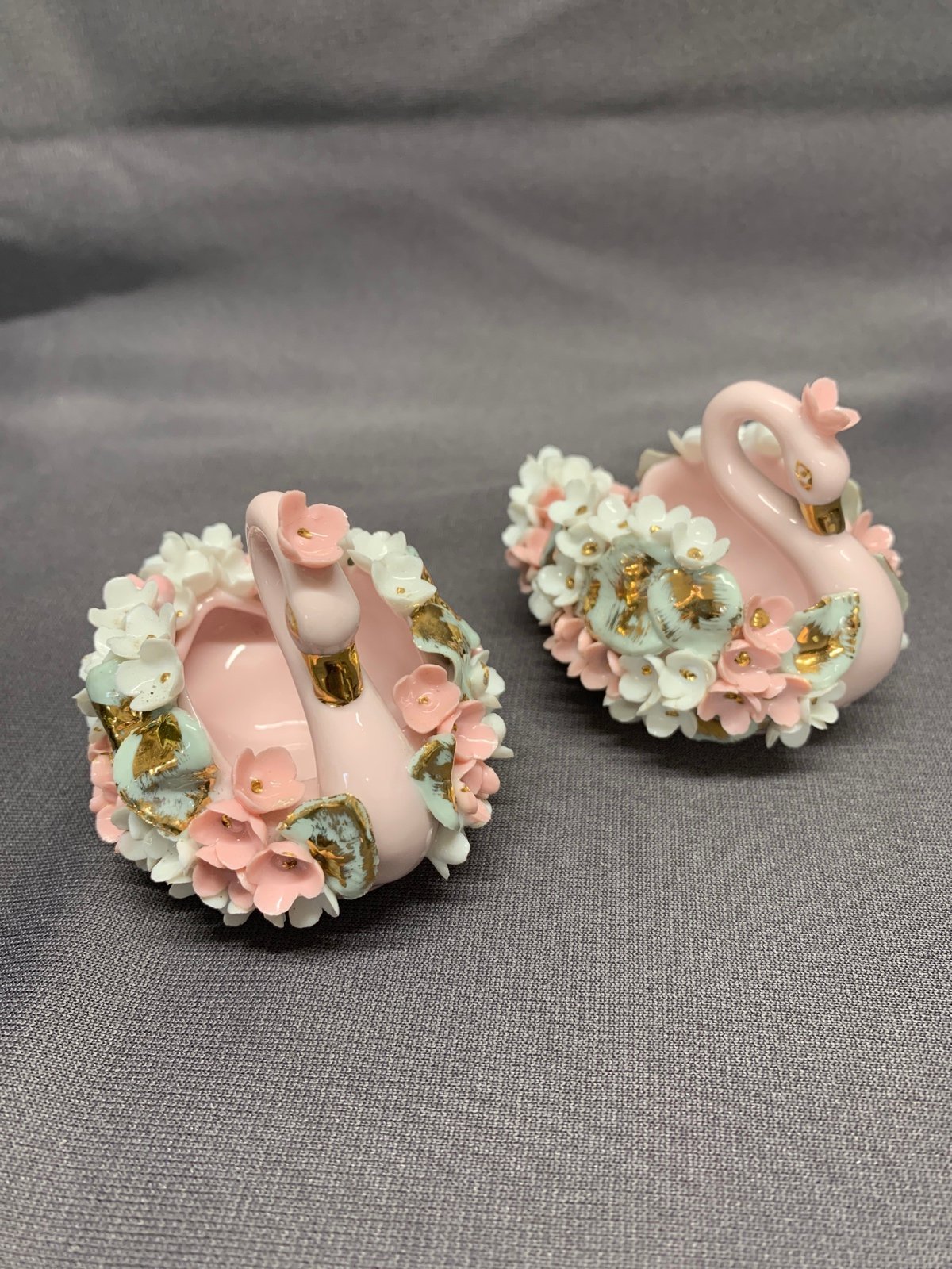 Qty 2 Vintage LEFTON China Floral & Gold Hand Painted Swan Figurine/Bowl
