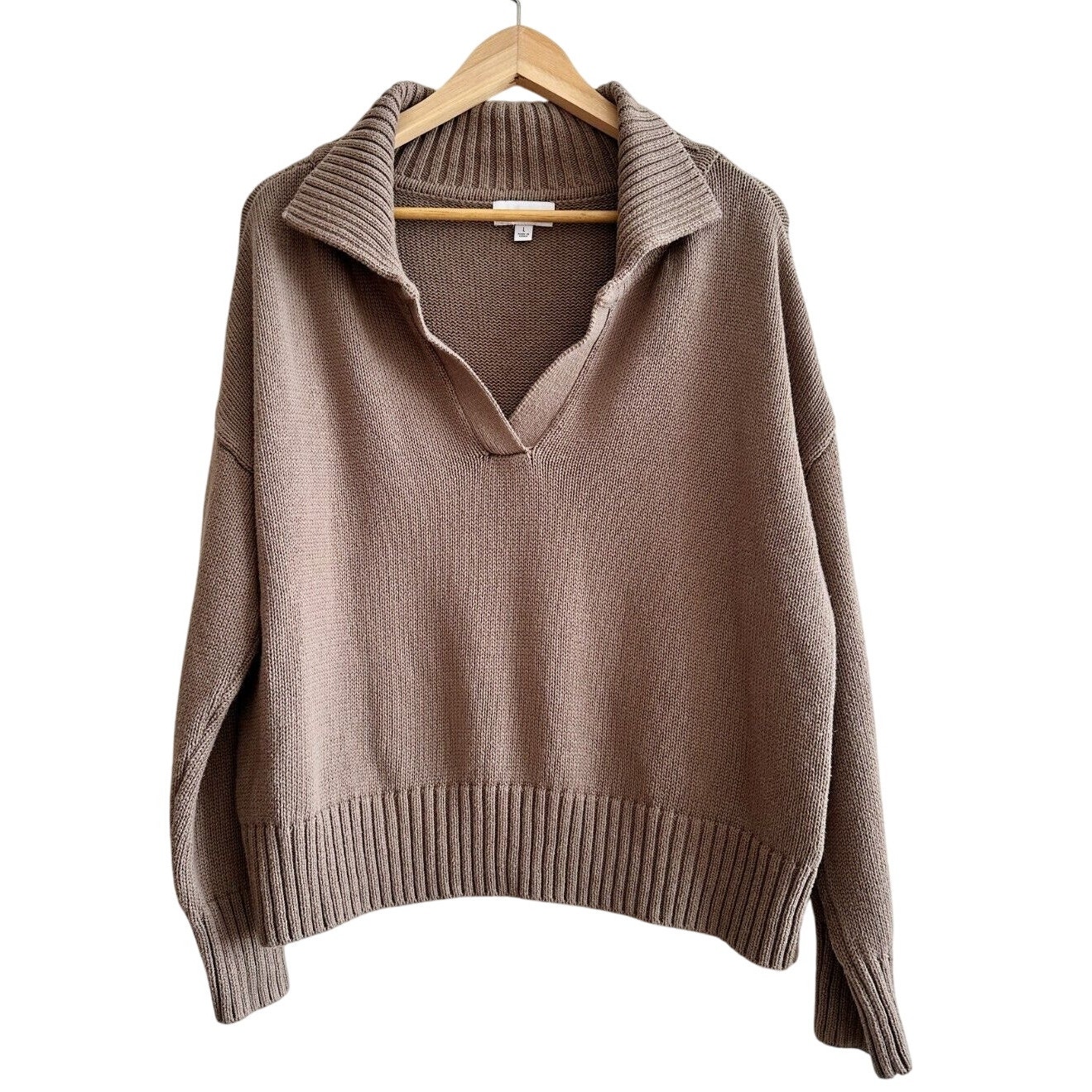 Evereve Women's Large Savannah Polo Collar Pullover Sweater in Taupe