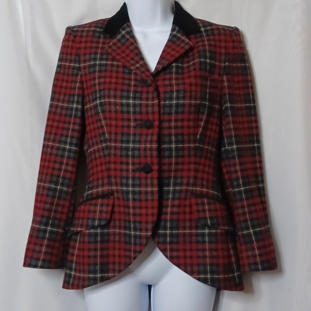 LAURA ASHLEY VINTAGE Tartan Red Check Wool and Suede Jacket. Size 6
