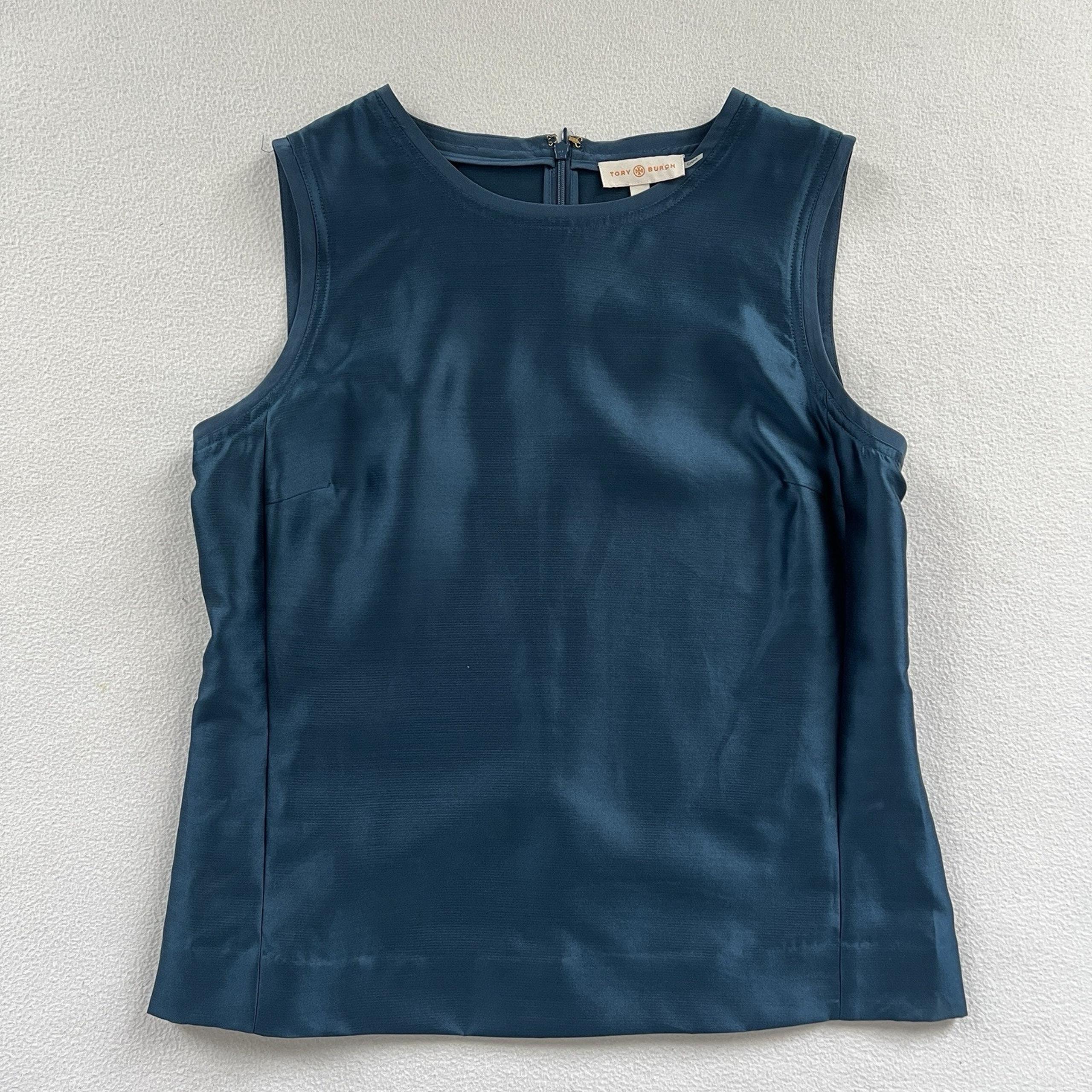 Tory Burch Women Solid Marine Blue 100% Silk Cindy Shell Sleeveless Top Blouse 6