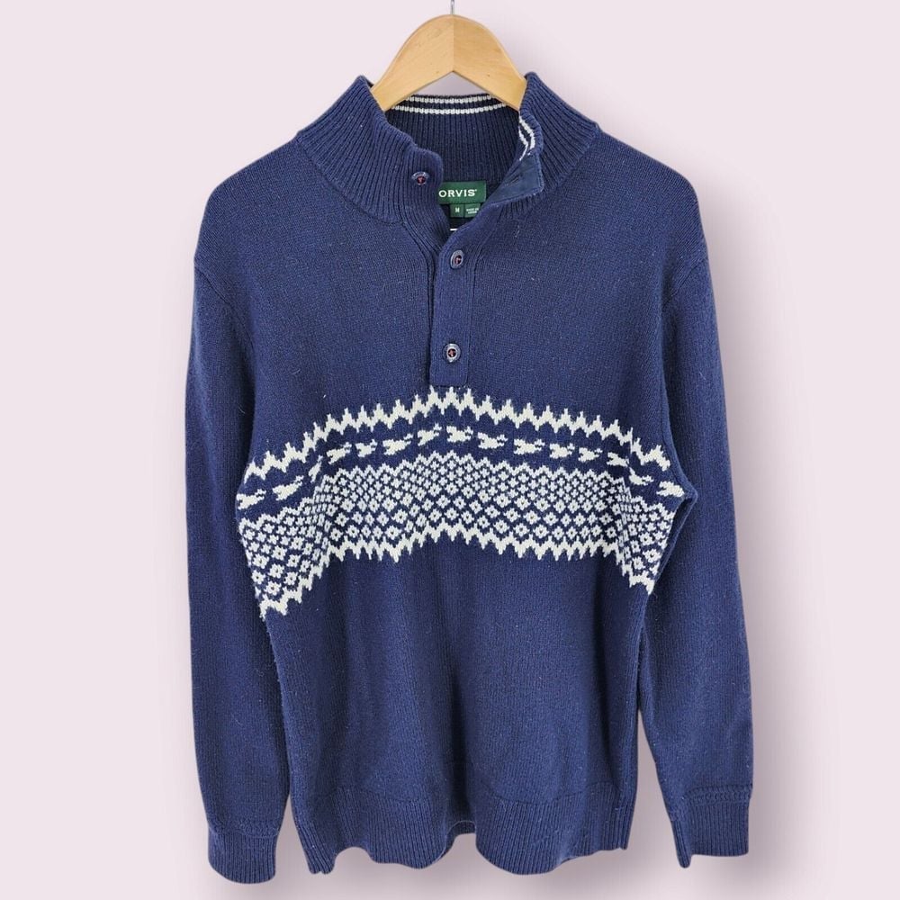 Orvis Wool Knit Sweater Men Medium Nordic Popover Button Outdoors Heavyweight