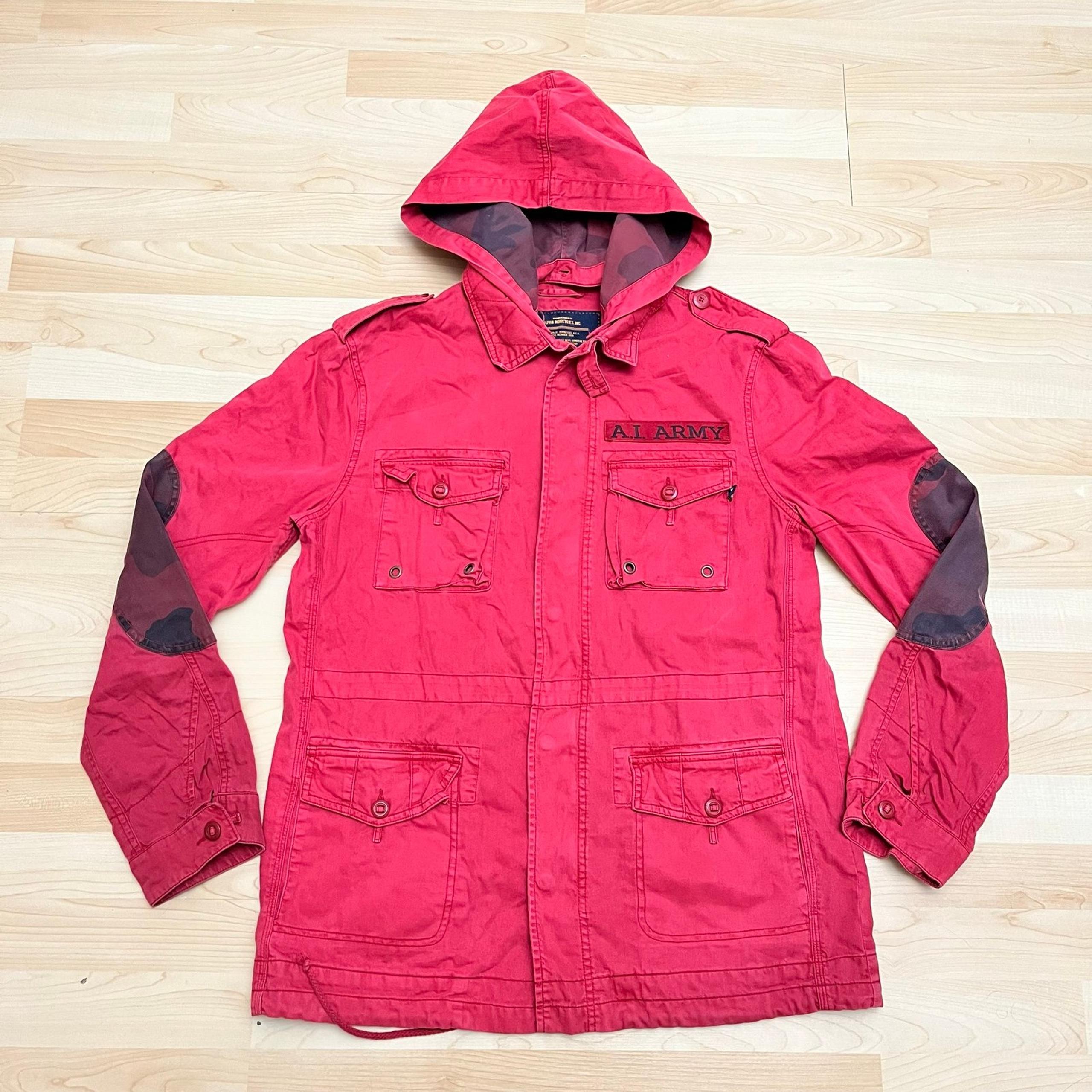 Alpha Industries Parka Men’s Medium Red Full Zip With Buttons Pockets Hoodie