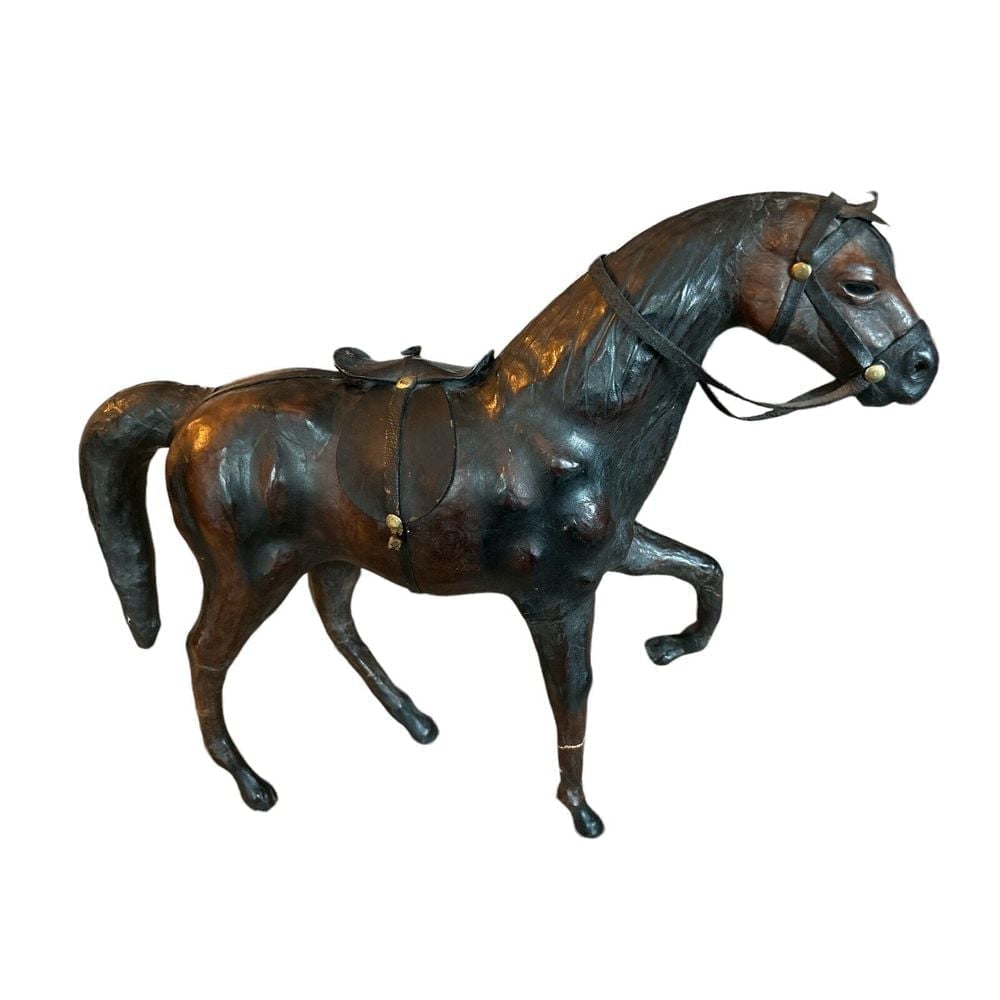 Vintage leather wrapped horse figurine statue dark brown black saddle reins