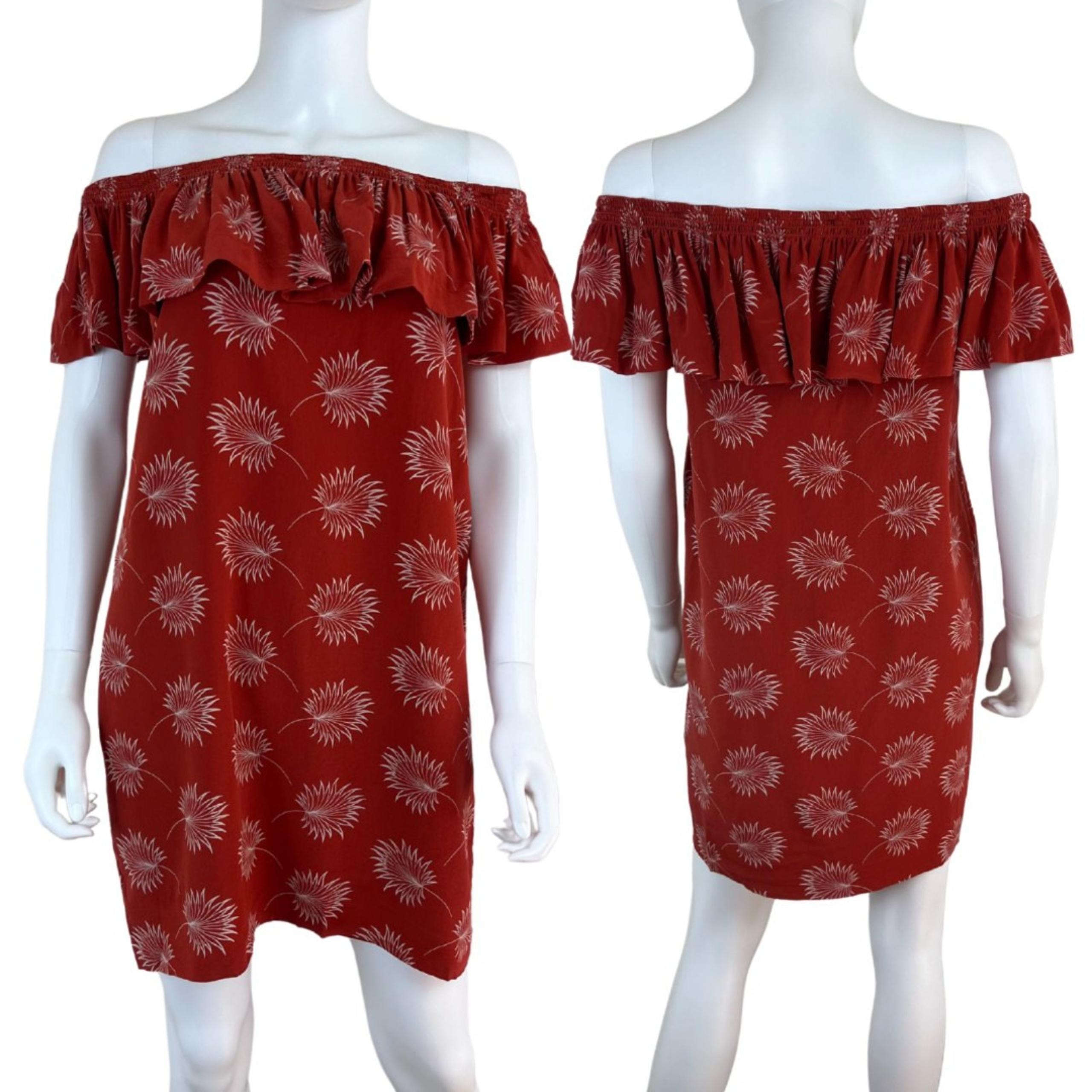 Madewell Women Size M Red Novelty Leaf Pullover Ruffle Shift Mini Dress Pockets