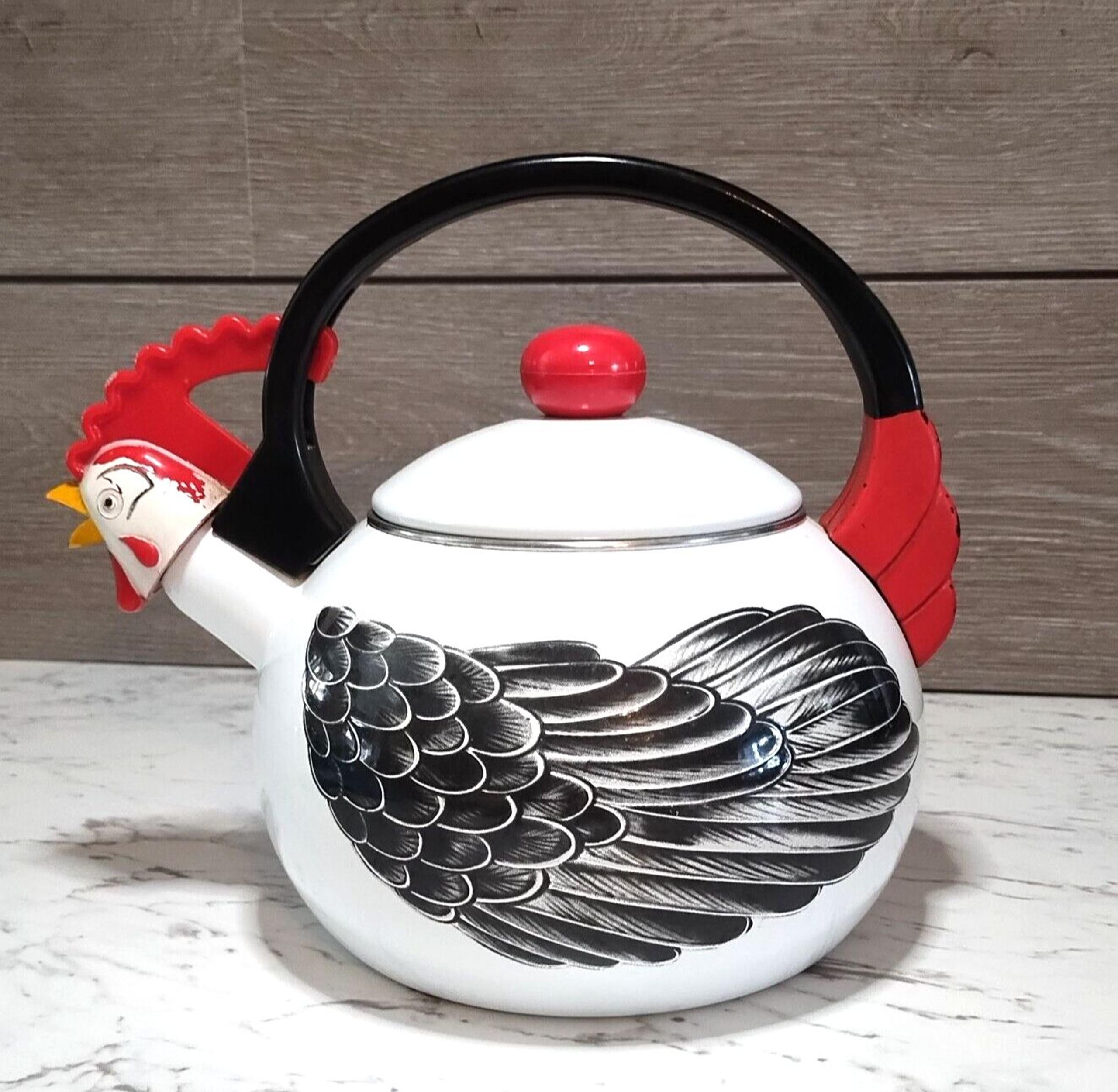 Vintage Kamenstein Chicken Rooster Whistling Kettle Tea Pot Vintage Enamel 1986
