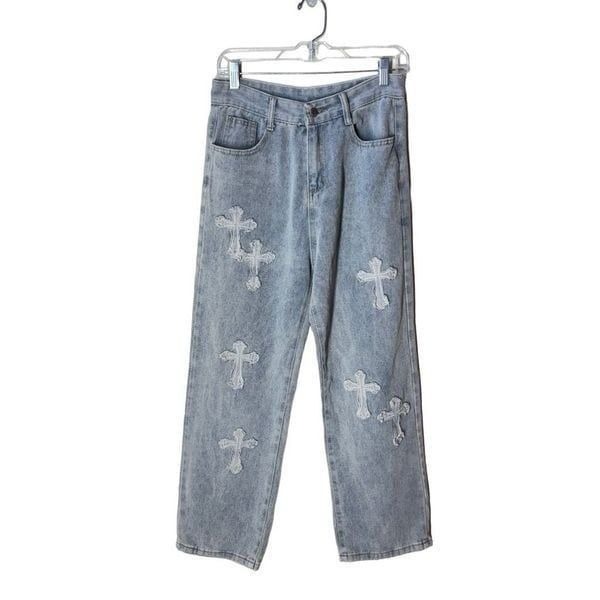 Cross Embellished Wide Leg Jeans Distressed Look High Waist Light Wash M