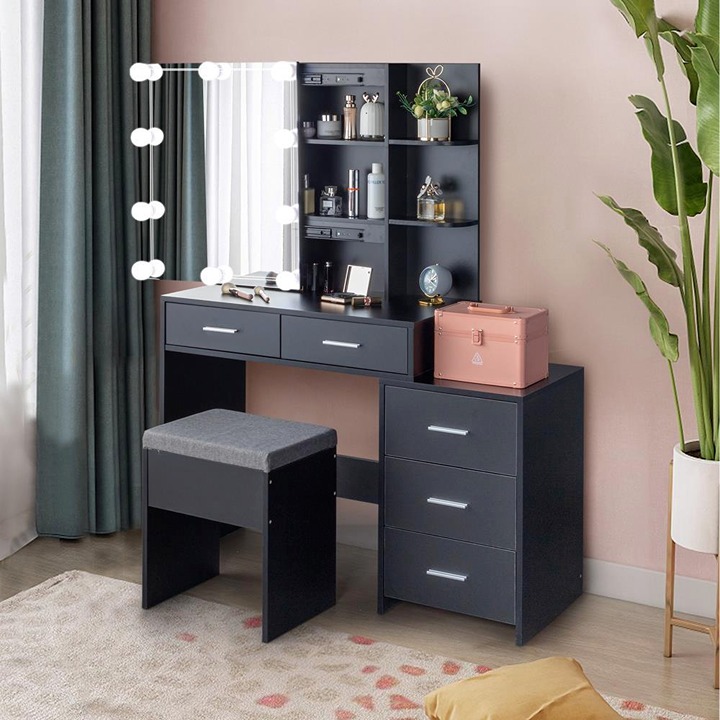 Vanity Dressing Table Set Makeup Desk w/LED Lighted Mirror 5 Drawers Stool