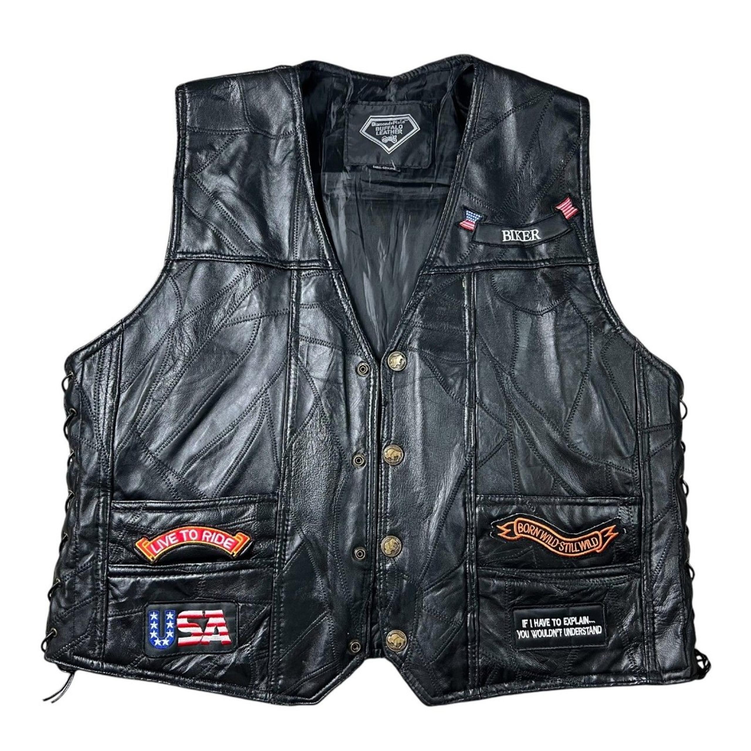 Diamond Plate Rock Design Buffalo Leather Motorcycle Biker Vest w Patches  XL