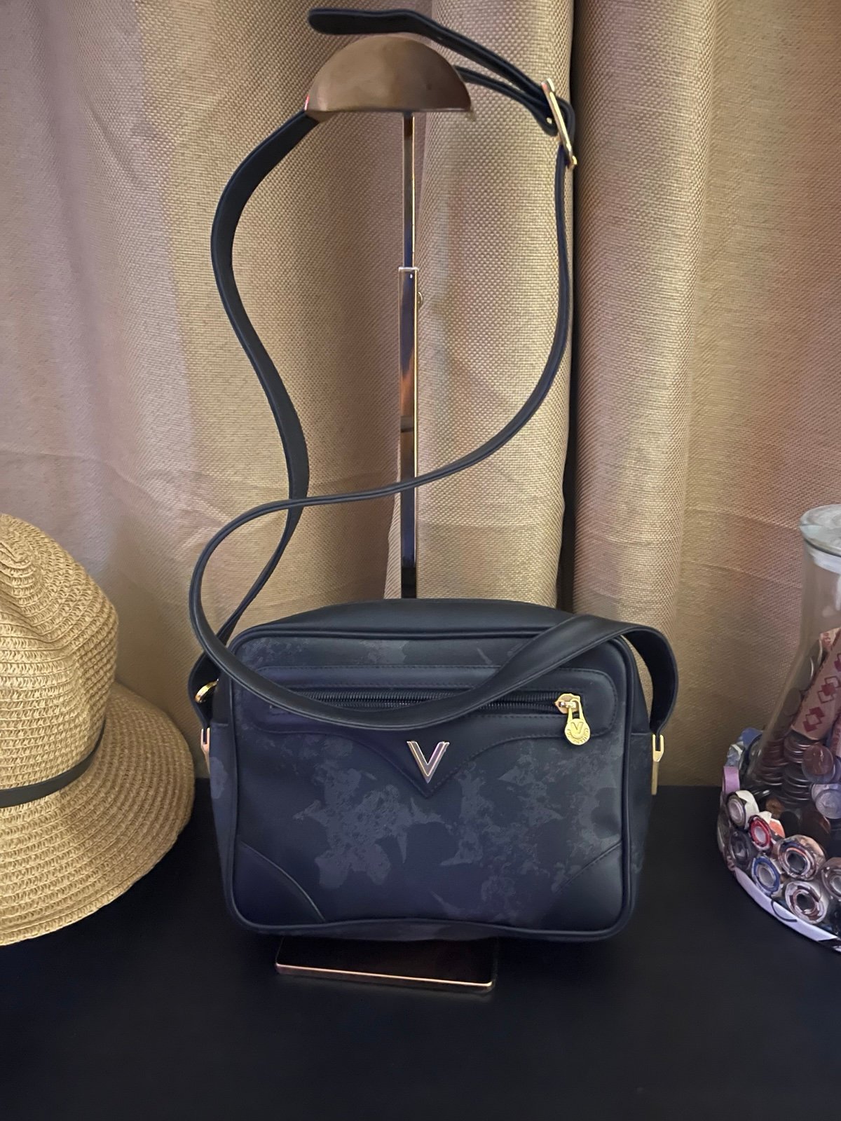 Vintage Mario Valentino Map Crossbody V Mark Black Gold