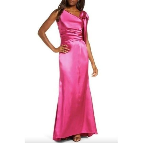 Eliza J Bow Shoulder Satin Gown Fuchsia Pink Women's Size 8