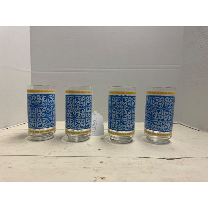 Set Of 4 Vintage Glass Tumblers With Blue & Yellow Pattern Design