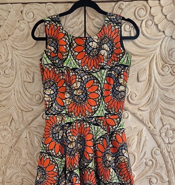 Obioma African print high-low orange and green dress size S