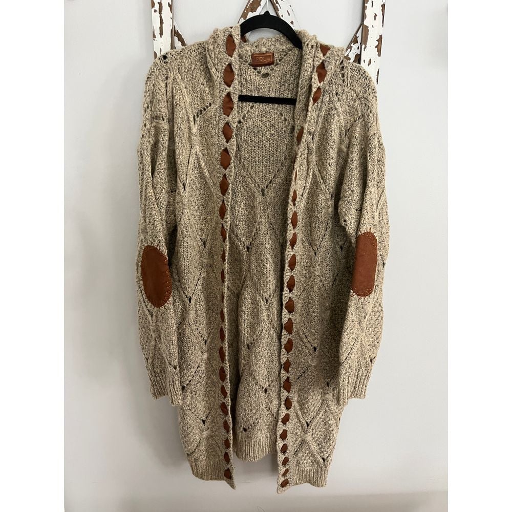 POL hooded long tan cable chunky cardigan with brown accents on elbows and sz M