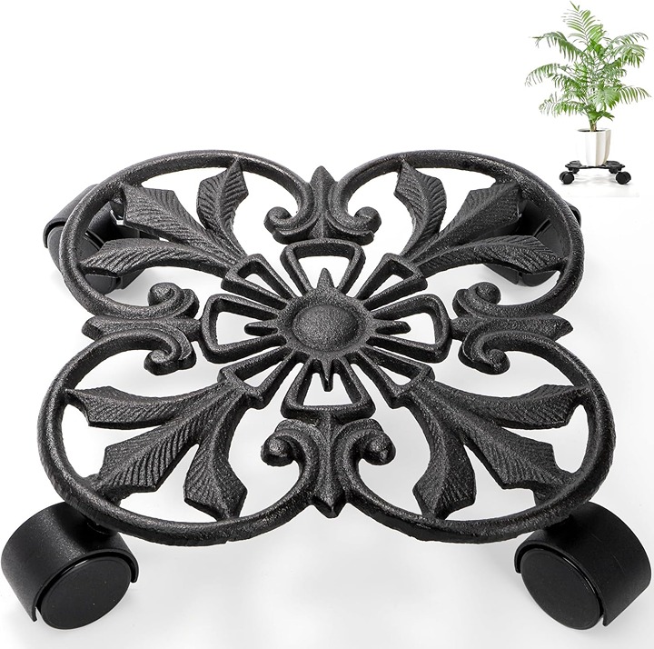 11 inch Heavy Duty Plant Stand, Rustic Style Plant Caddy with 4 Rolling Wheels