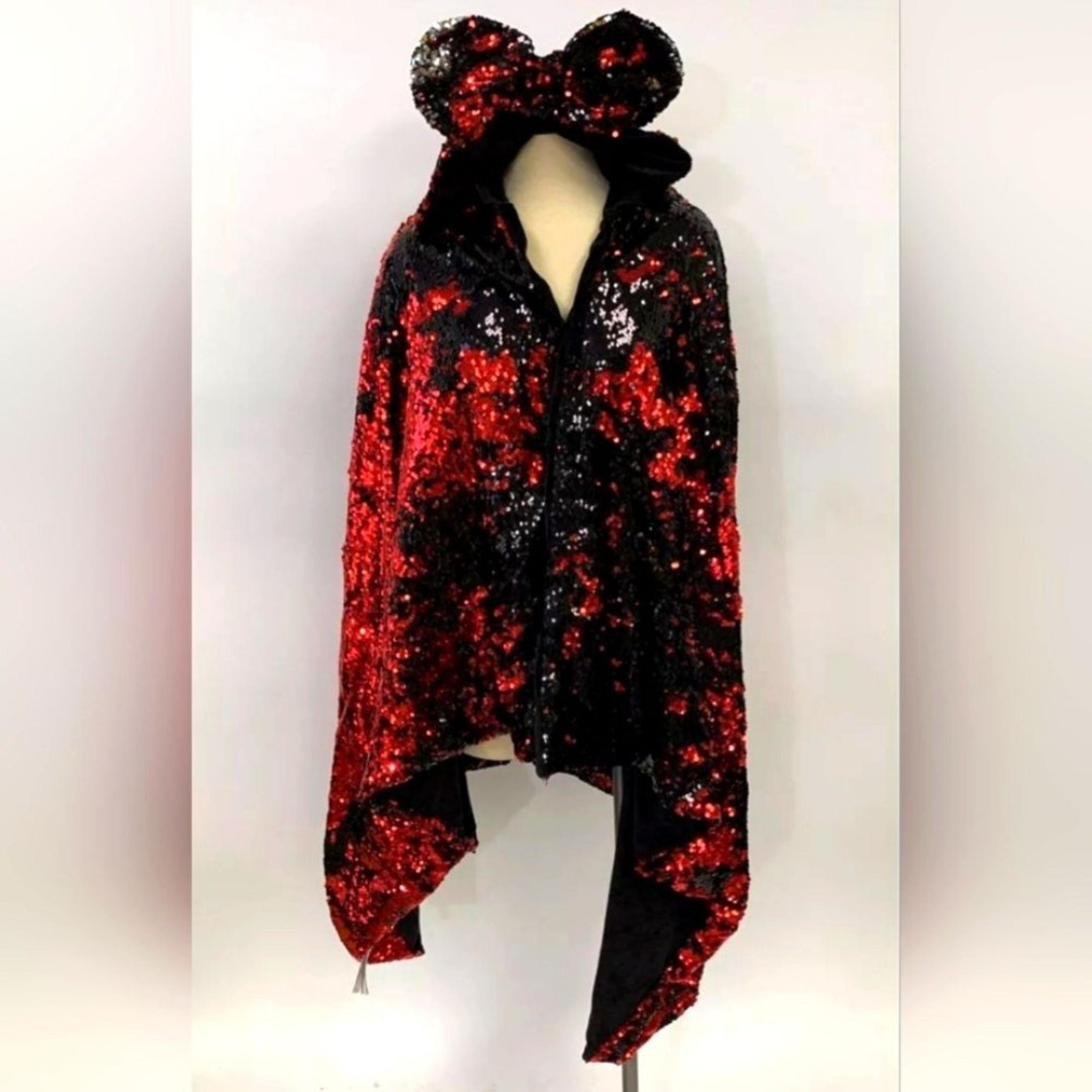 Disney Black and Red Mickey Minnie Mouse Reversible Hooded Cape Sequin One Size
