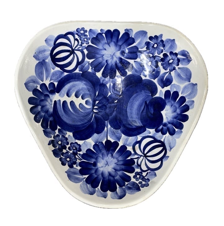 Polish Pottery Tri-Foot Blue Floral Bowl WTOKTAWEK Fajans POLAND Painter Stamped