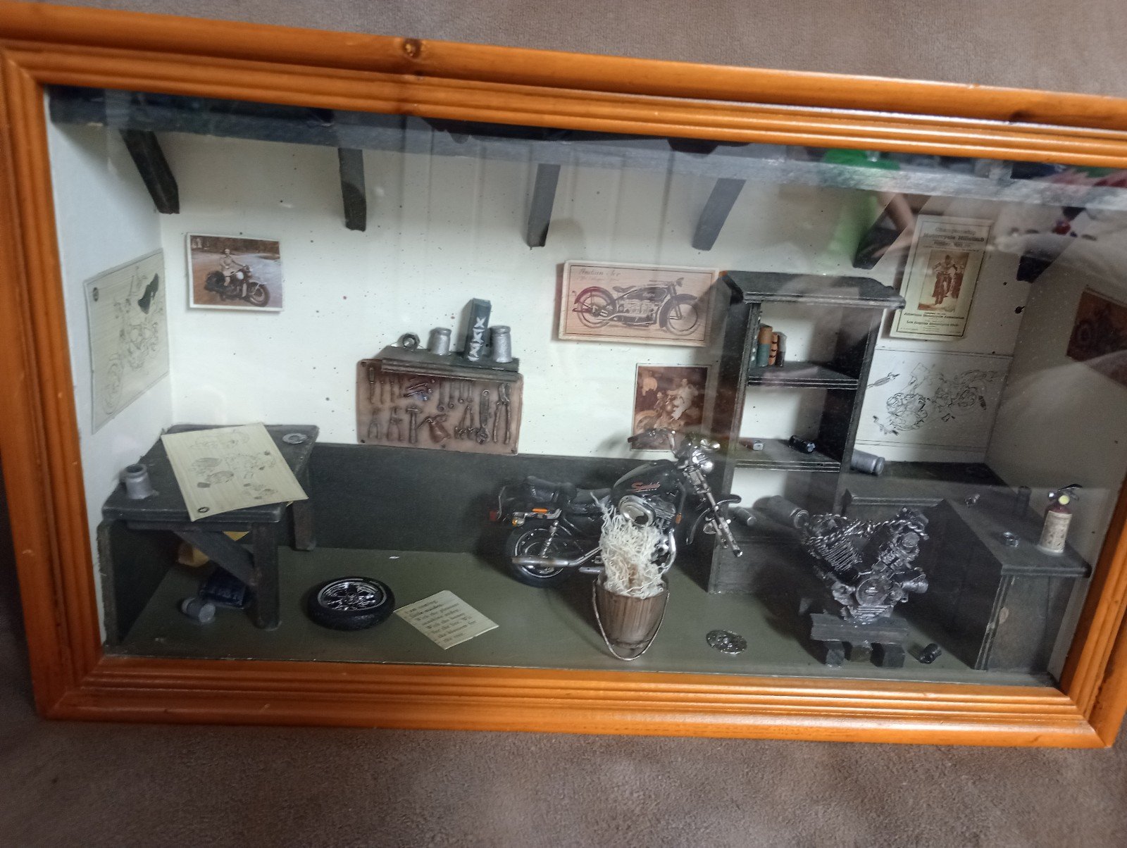Vtg Motorcycle Shop / Garage Diorama Miniature Room Wall Shadow Box Bike Repair!