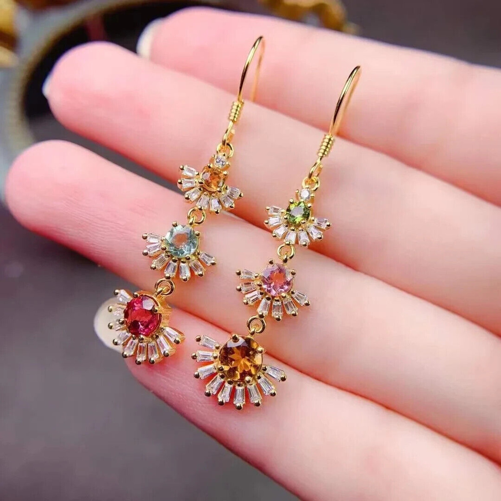 Multicolor Tourmaline Flower Earrings, Tourmaline Stud Earrings Sterling Silver