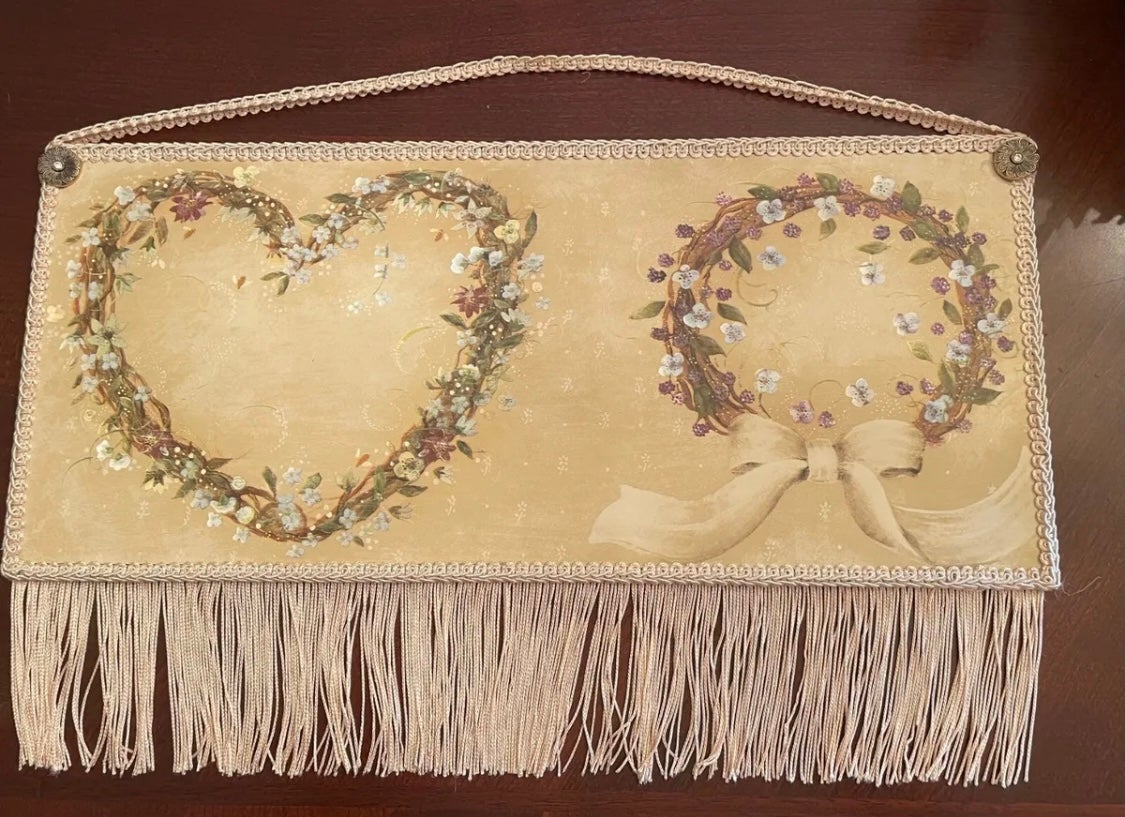 Rare Vintage Classic Shabby Fringed Floral Wall Hanging 20 x 15
