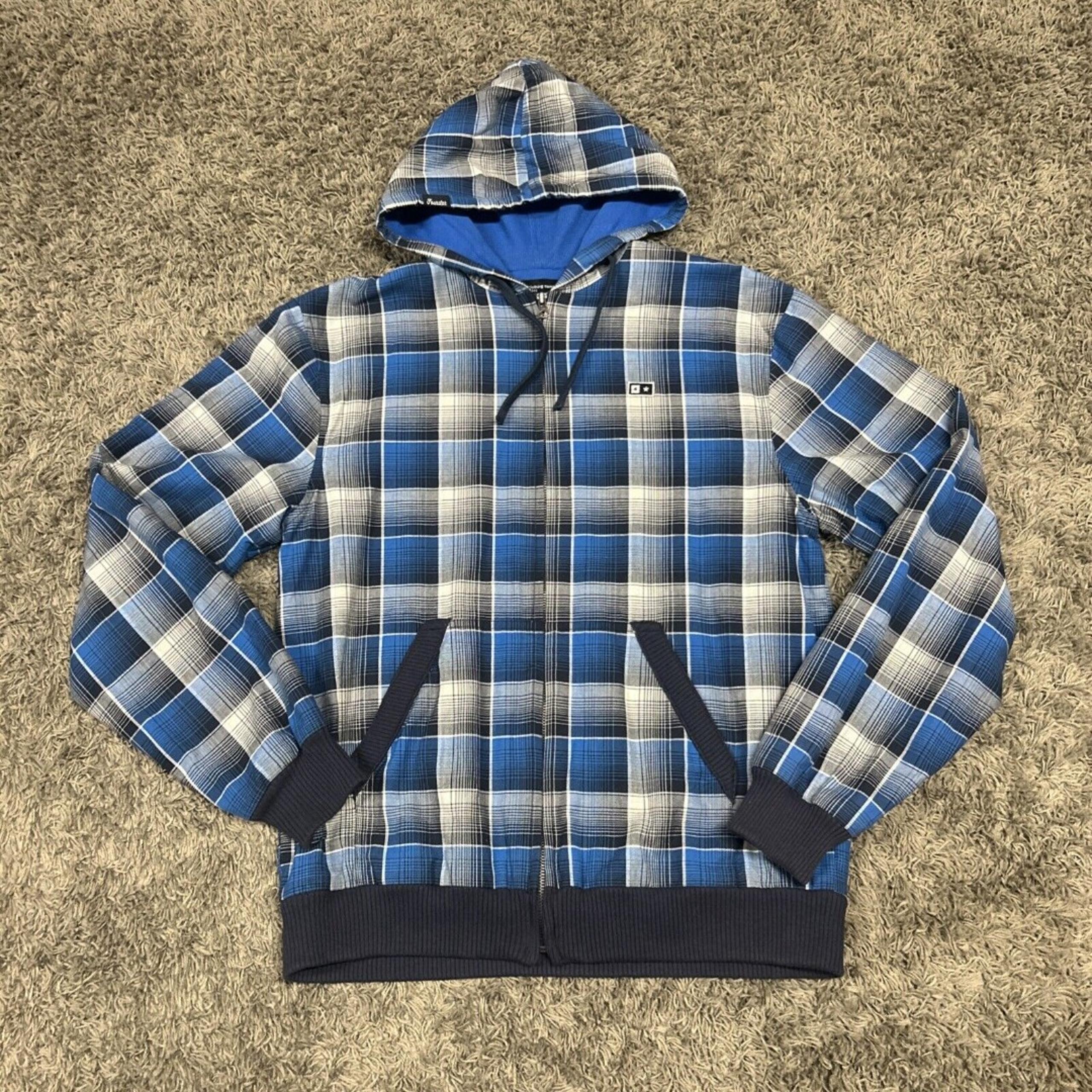 Fourstar Clothing Company Jacket Mens Large Navy Blue Plaid Hooded Lined Pockets