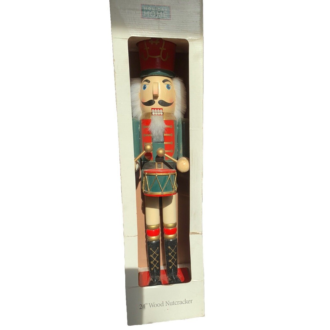 NIB Barn Find Vintage Large Nutcracker Drummer Soldier 25 Inch Tall Red/Green