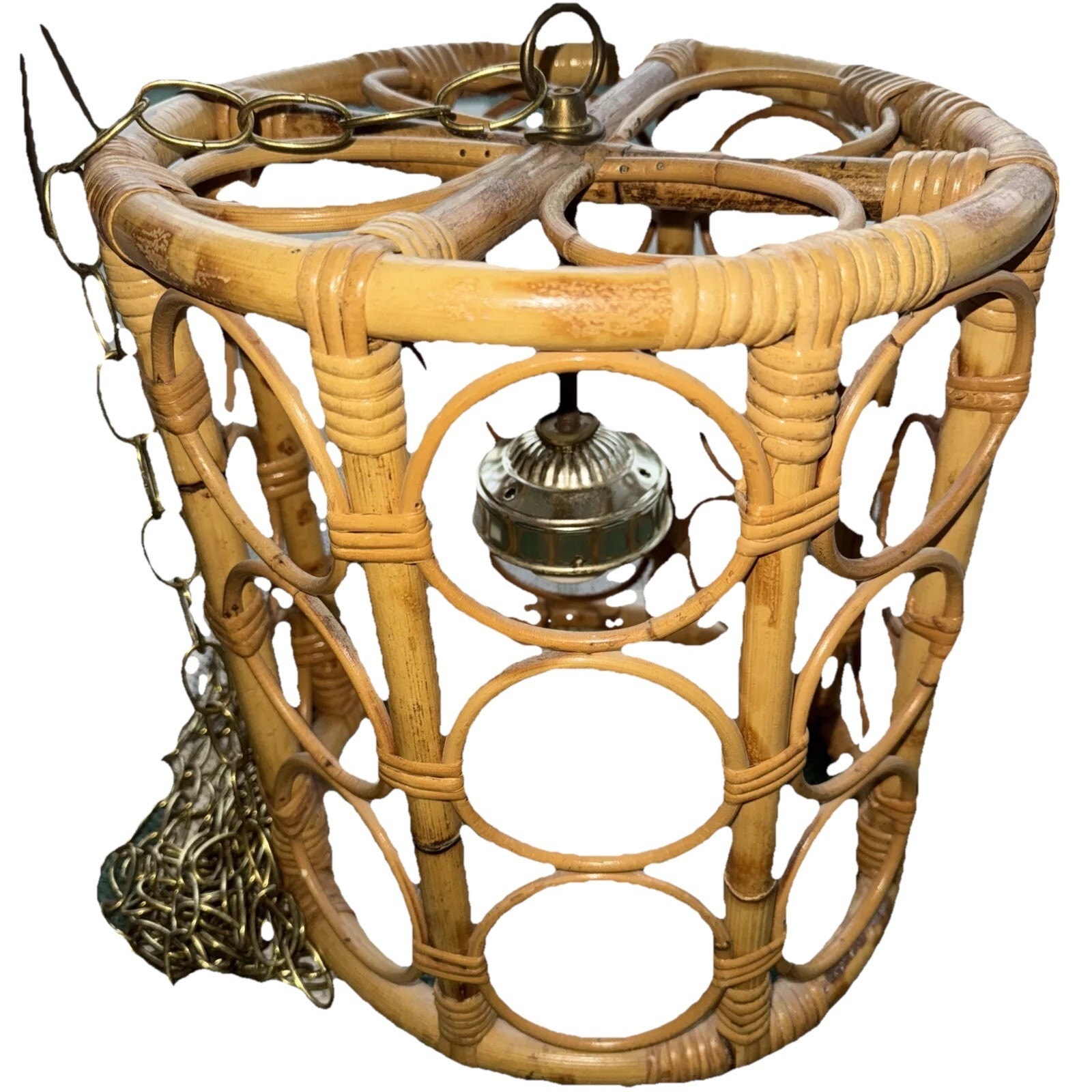 Vintage Rattan Pendant Lamp Gold Chain Wicker Waste Basket Boho Bohemian Light