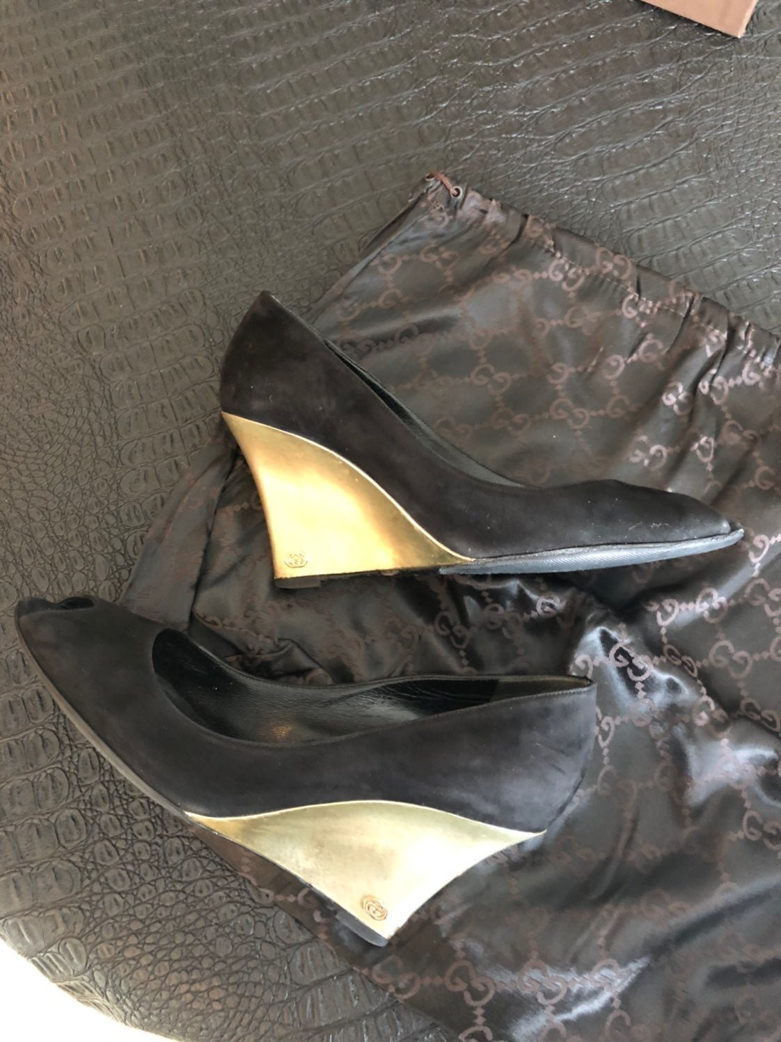 Gucci Black Suede Gold Wedge Heel 38 1/2