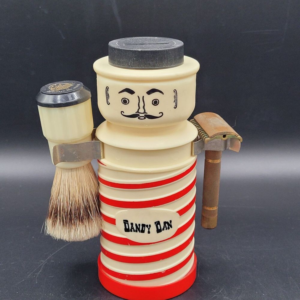 Dandy Dan Barber Pole Bank With VTG Gillette Razor & Stanhome Badger Brush
