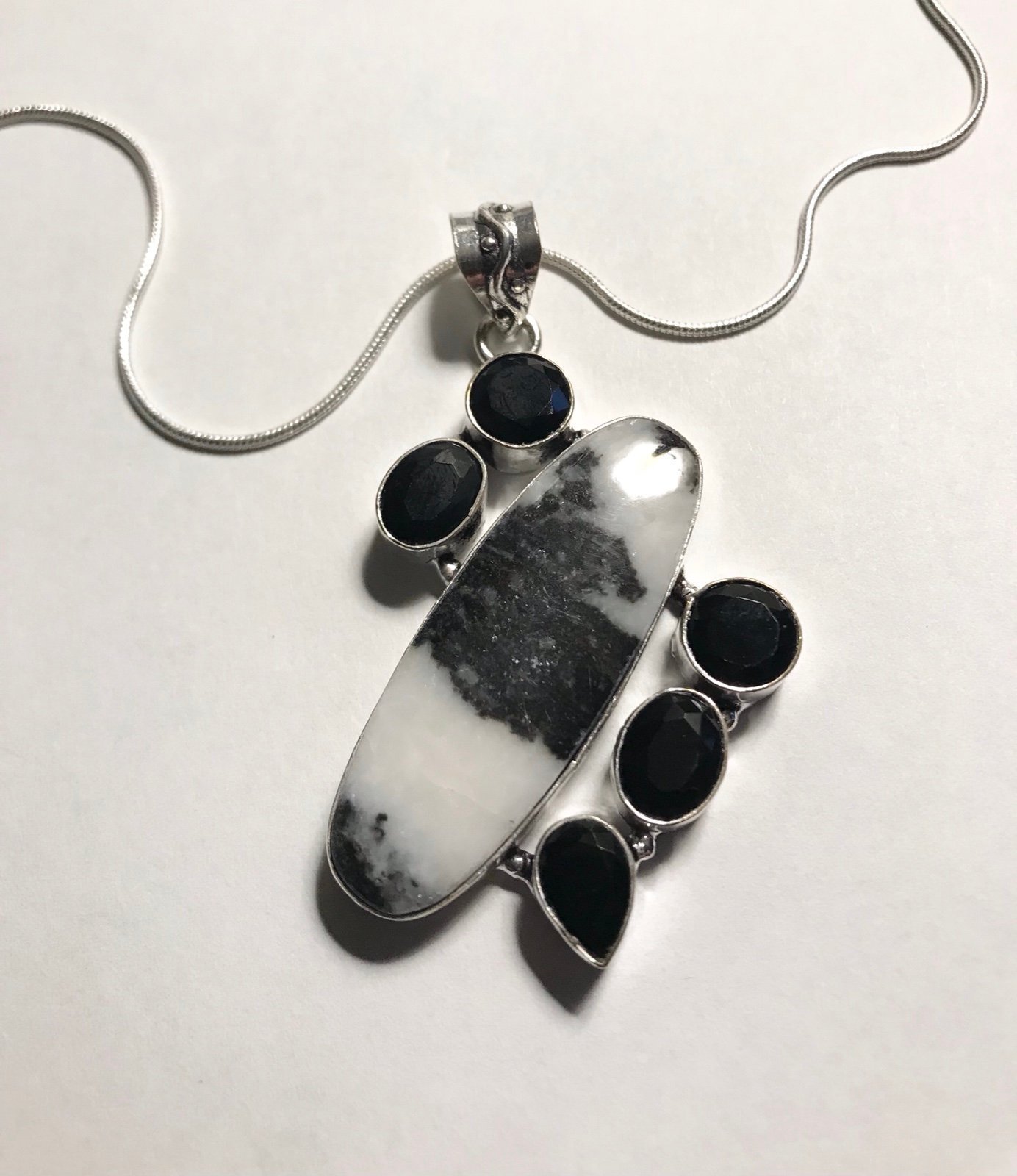 White Buffalo Black Onyx 925 Sterling Silver Necklace