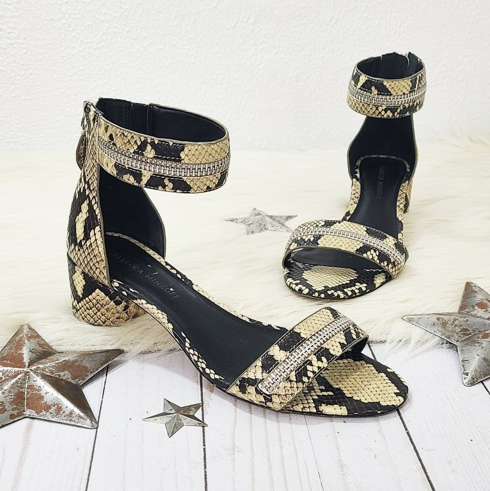 Rebecca Minkoff Ortenne Too Snake-Embossed Block-Heel Sandals