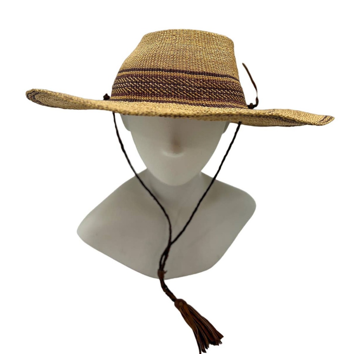 Handmade Artisan Straw Hat Wide Brim Leather Ties Brown