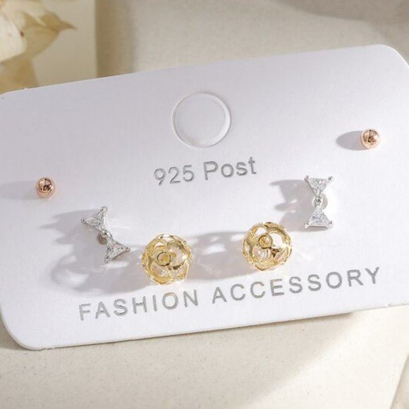 [3 Pairs] 925 Silver Diamond Earrings