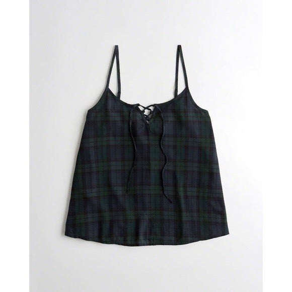 Hollister Co. Navy Plaid Tie-Front Tank