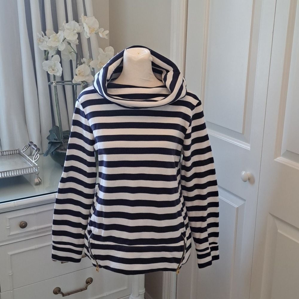 STS Sail to Sable Womens Navy/Cream Striped Cowl Turtleneck Sweatshirt S-SM