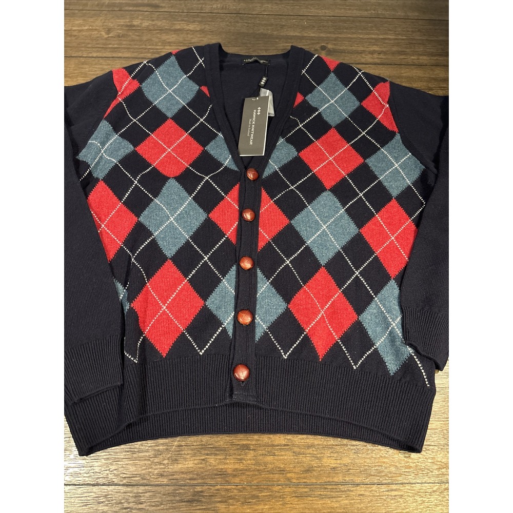 Hawick Knitwear 100% Pure New Wool Scotland Argyle Cardigan Sweater Size XL Blue