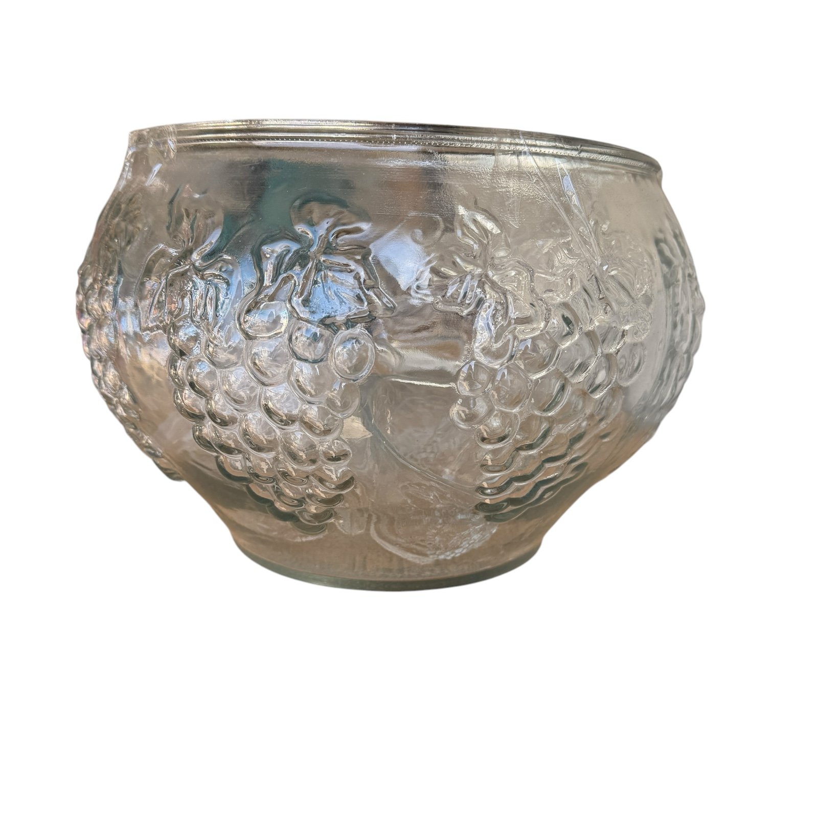 Punch Bowl Clear Glass Grapes 7 3/4 High W/ 7 Mugs & 7 Hooks