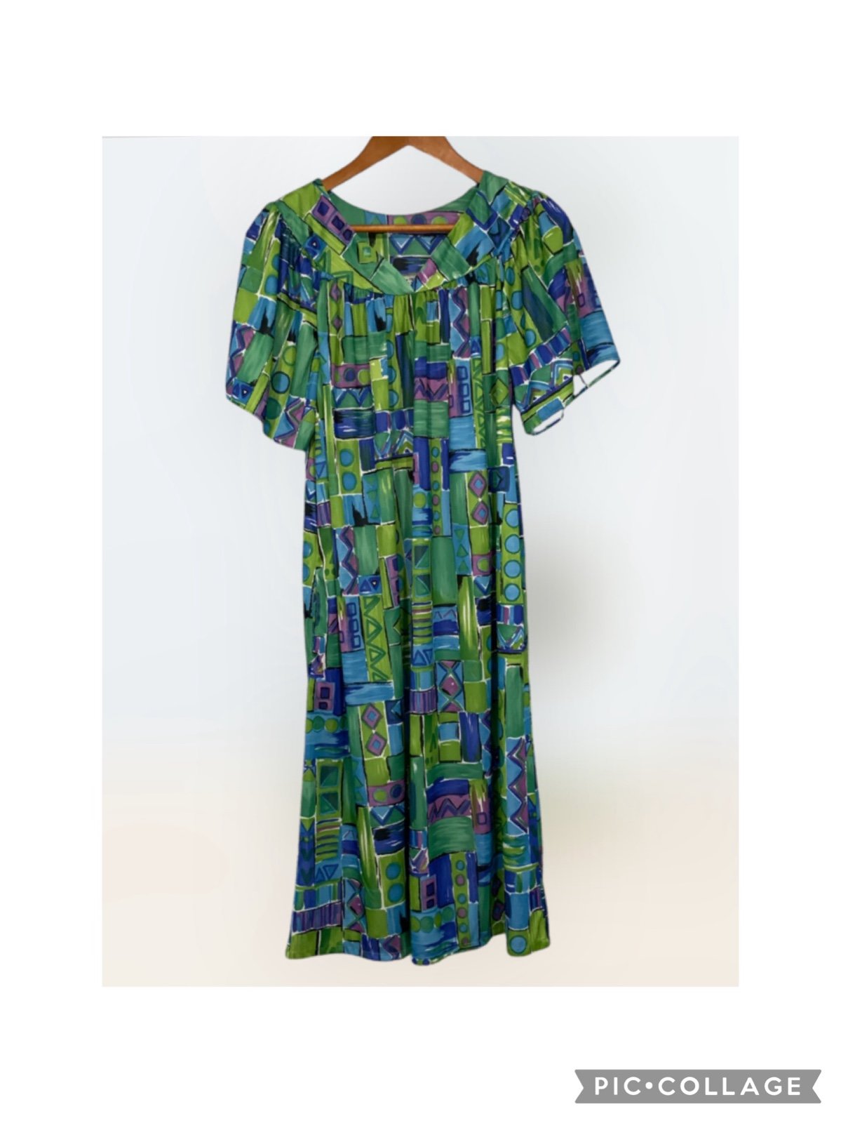 Vtg 80s Anthony Richards Green ‘Purple Blue Geometric Muumuu House Lounge Dress