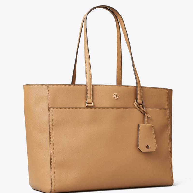 Tory Burch Robinson Double-zip Cardamom Tan/Navy Interior Saffiano Leather Tote
