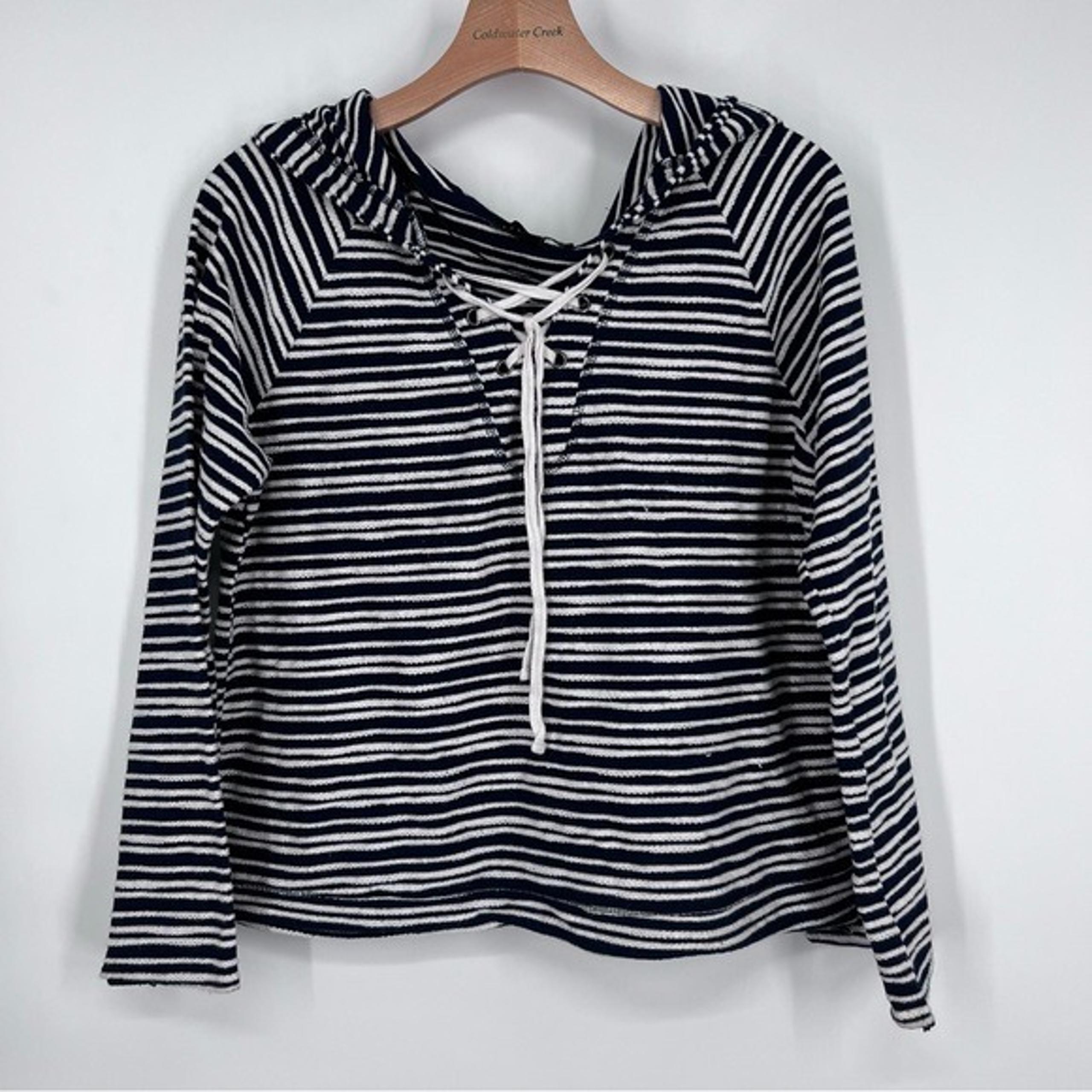 Sanctuary Navy Blue White Striped Lace Front Hooded Sweatshirt