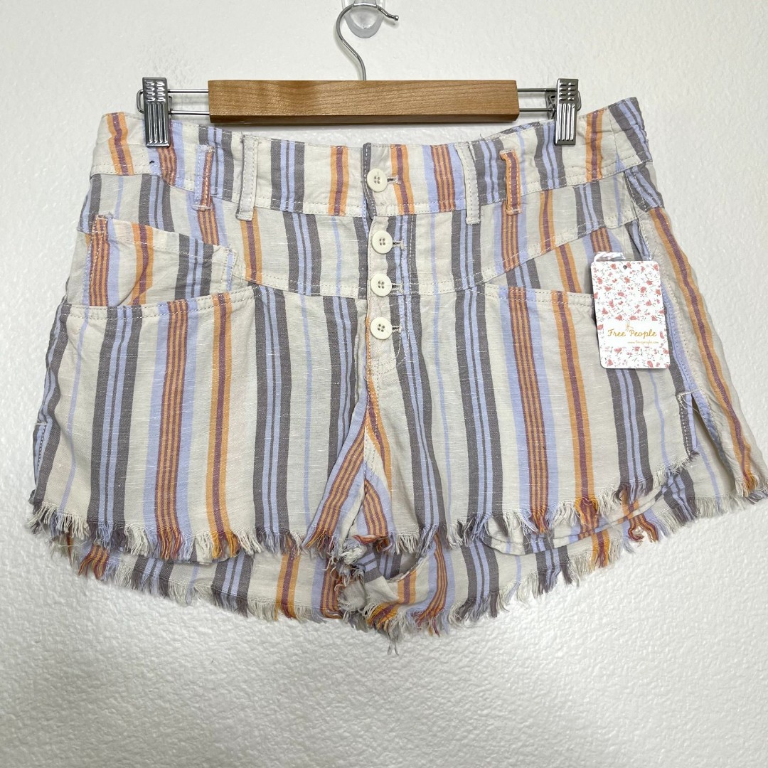 Free People Shorts Sz 8 Linen Button Boho Coastal Nautical Sailor Fray Striped