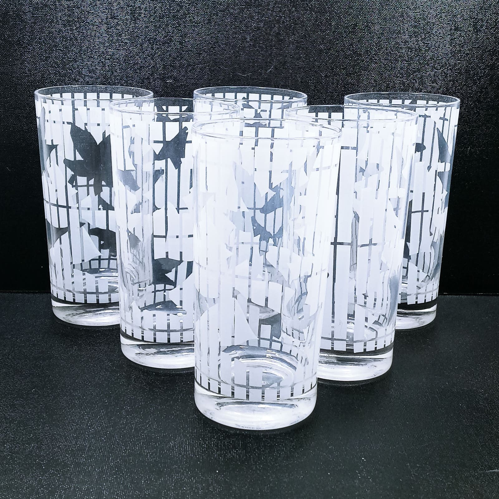 Vtg White Frosted Etched Leaf Tumblers 6 Tall Drinking Glasses (su1)