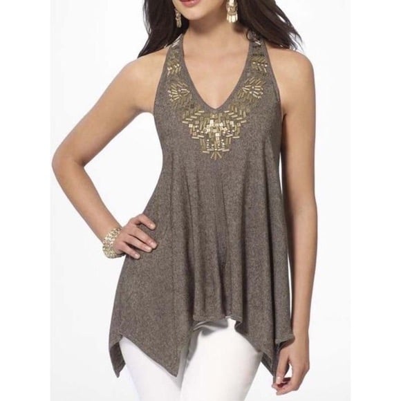 Cache Beaded Handkerchief Knit Tank Top