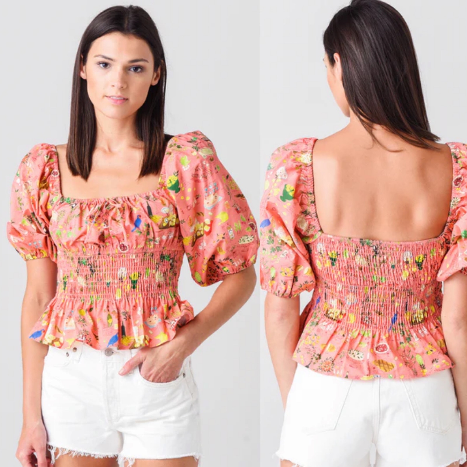 Rhode Jodie Shirred Printed Cotton-poplin Top In Picnic Pink
