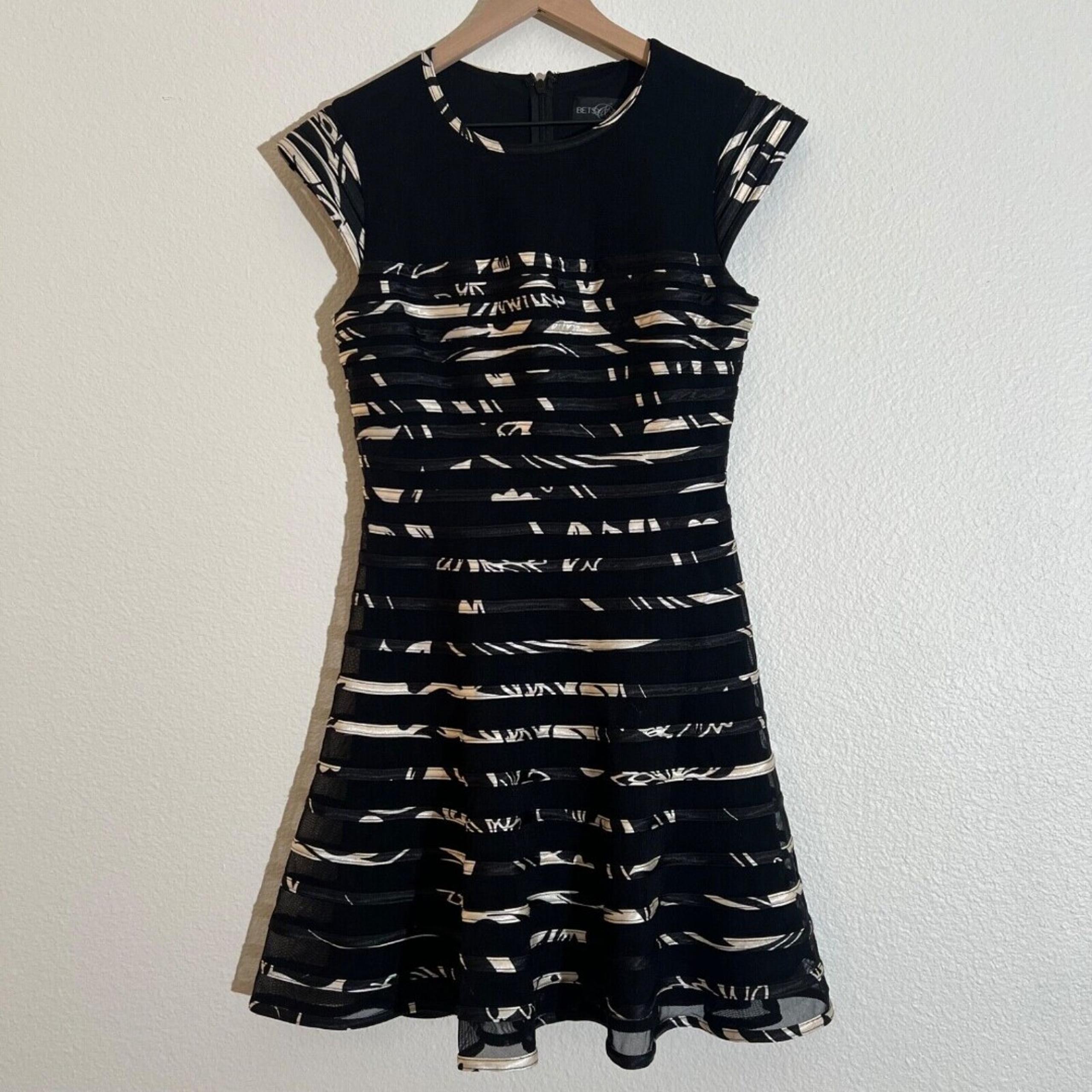 BETSY & ADAM Black-Ivory Satin Trim Party Cocktail Dress Sz 8 $219 Retail