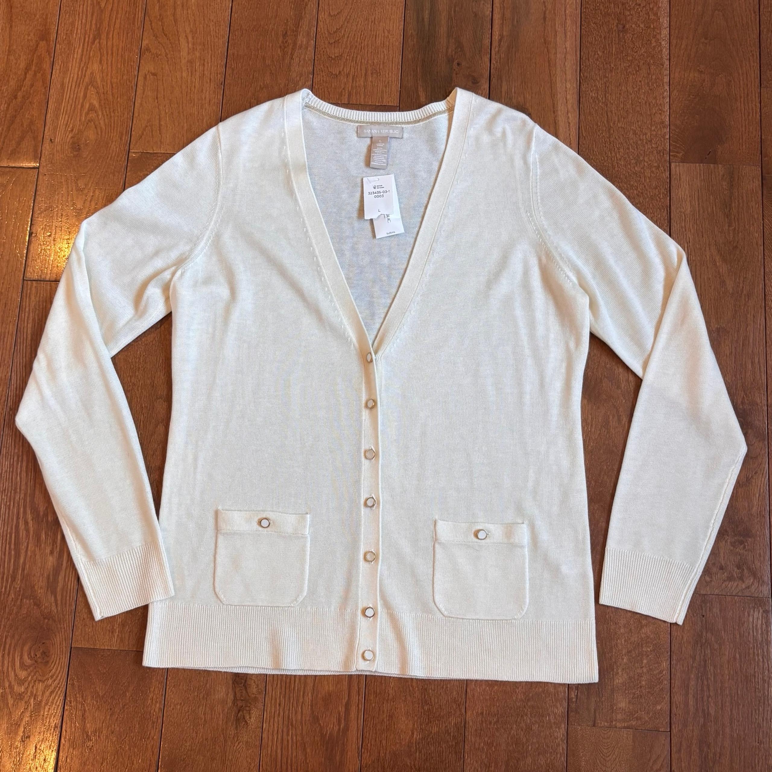 NWT Womens Banana Republic Long Cardigan Sweater Ivory Gold Wool Blend sz L