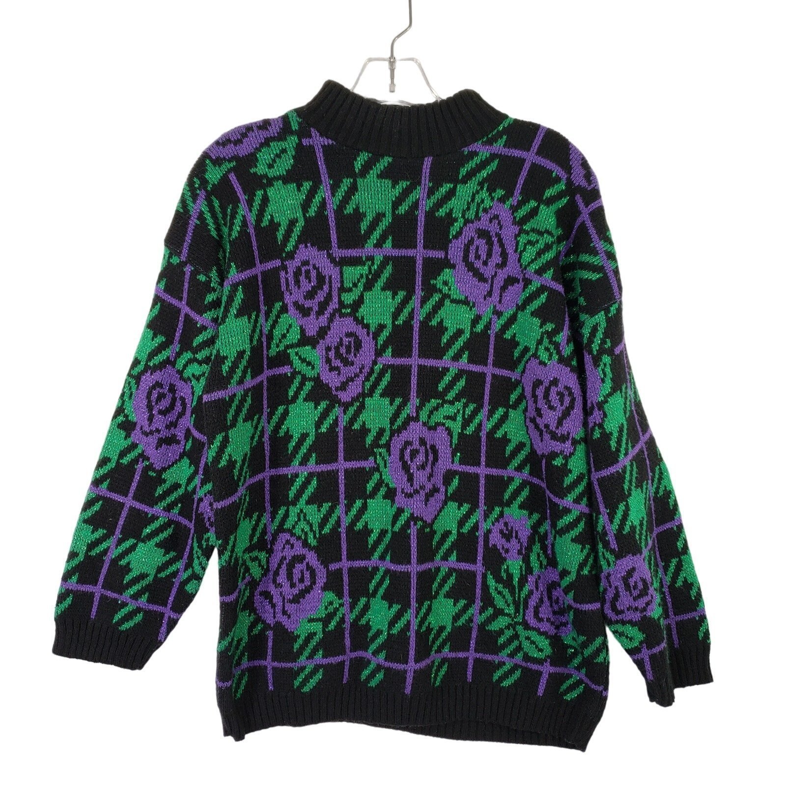 Vintage 80s Adele Knitwear Sweater Womens Black Rose Metallic Mockneck Outerwear