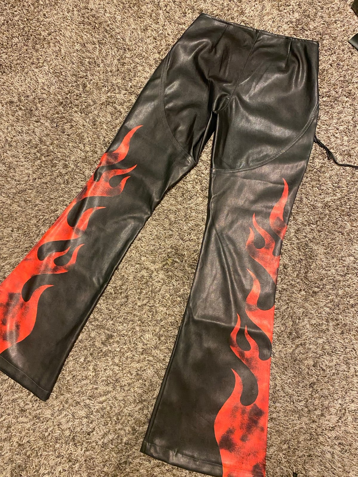 Black grey Leather flame fire moto pants new